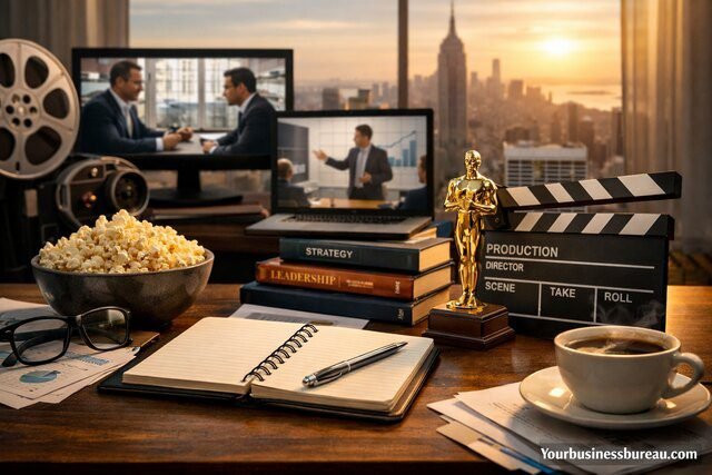 Business movie lessons workspace with strategy tools and film elements