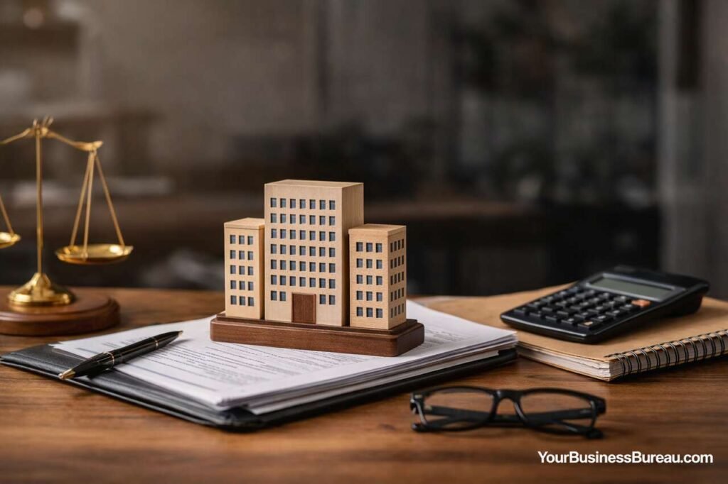 Principal Place of Business: Definition, Legal Meaning, Tax Implications, and Practical Use Principal place of business concept with office model and legal documents