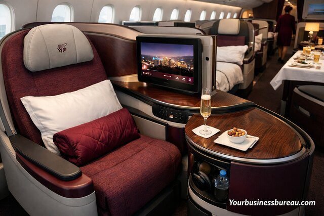 Qatar Airways Business Class luxury seat and dining setup