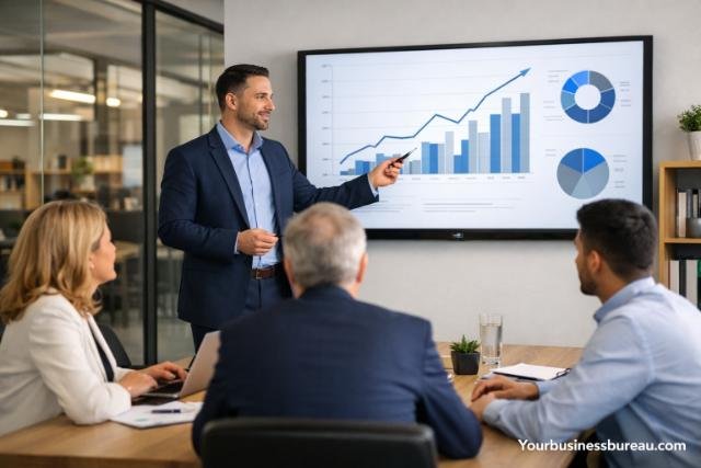 Business consultant presenting strategy to team in meeting