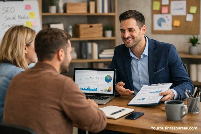 marketing consultant advising small business owners