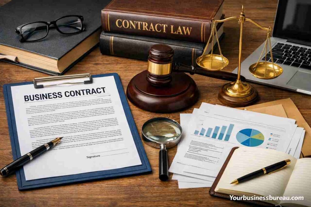 Business Contract Review: A Practical Guide to Understanding, Analyzing, and Protecting Your Agreements Business contract review documents with legal tools on desk