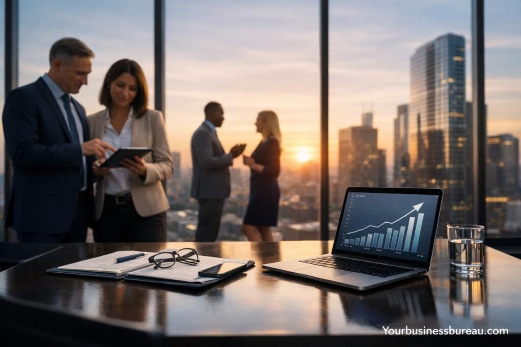 Business consultants discussing growth strategy in office