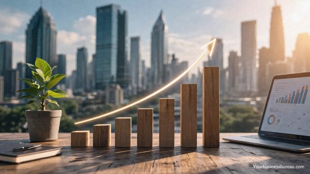 Long-term business growth concept with rising chart and upward arrow