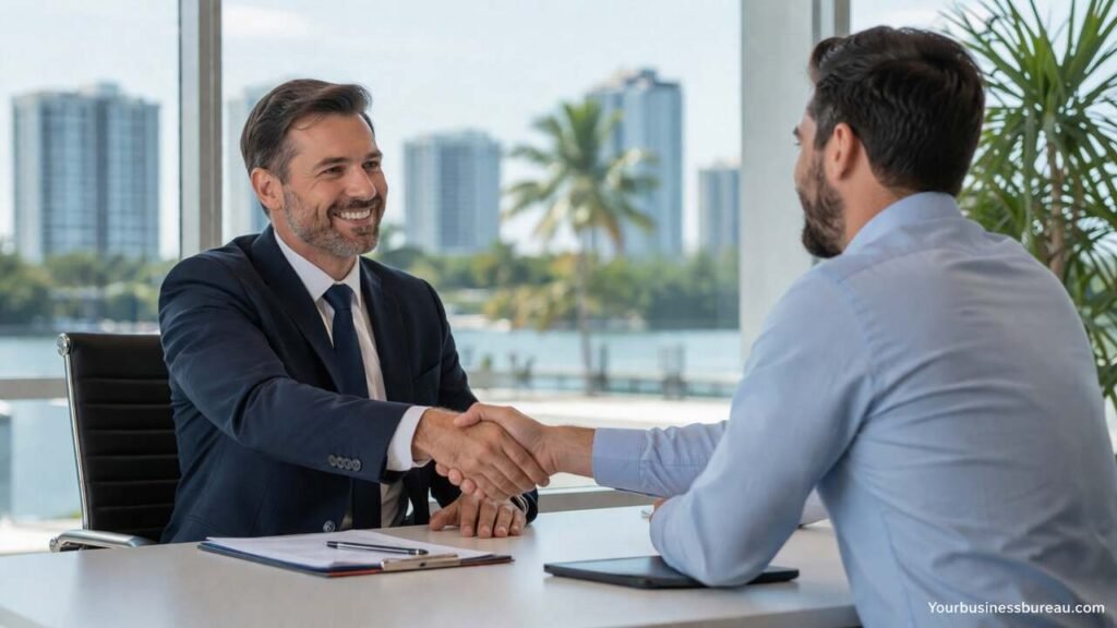 Business broker consulting clients in a modern office setting