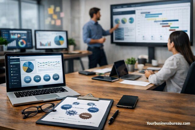 Business management system dashboard improving operational efficiency in office