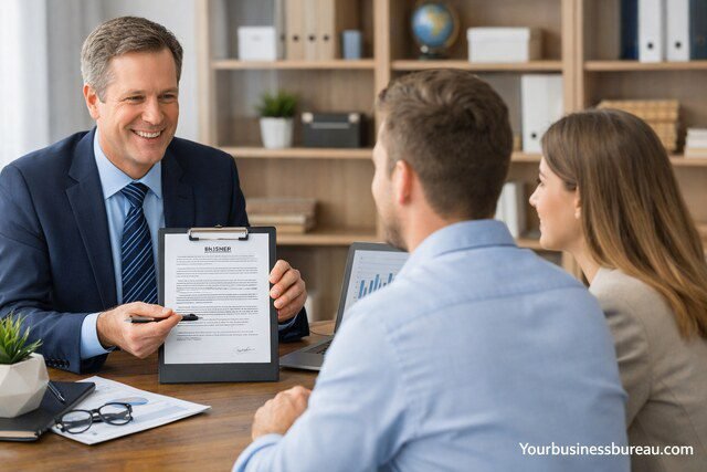 business broker discussing contract with clients in office