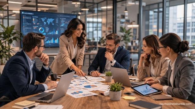 Business consultants reviewing charts to improve operational efficiency