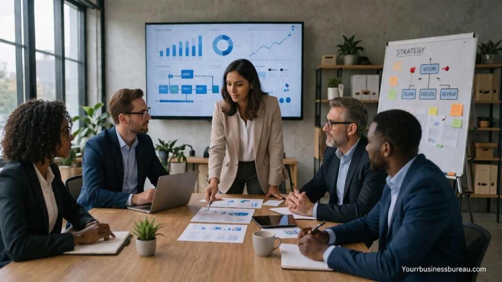 Business team analyzing management systems and strategy data