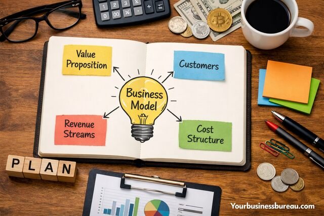 Simple business model diagram with key components on a desk