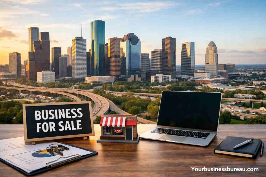 Business for Sale Houston: Complete Guide to Buying, and Succeeding in Houston’s Business Market Business for sale concept with Houston skyline and office setup