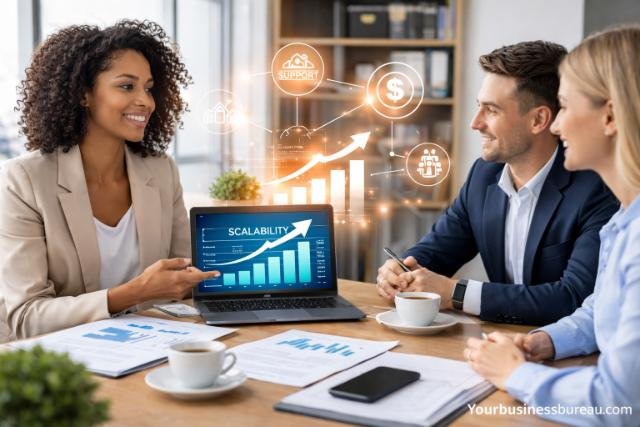 Business team discussing growth and scalability strategies with financial insights