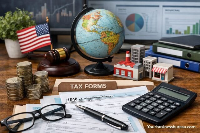 Business tax documents with calculator and global financial concept