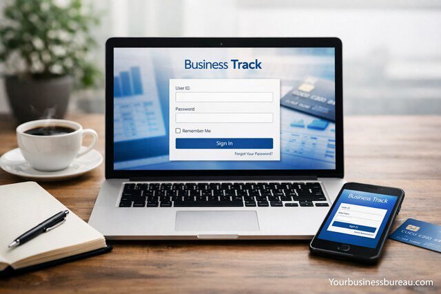 Business Track login on laptop and mobile device