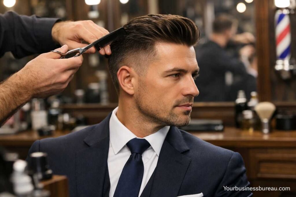 Businessman getting a professional haircut in a barbershop