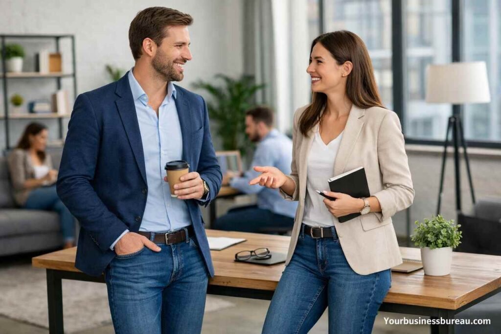 Is Jeans Business Casual? A Complete Style Guide with Real-Life Insights Business casual outfit with jeans in office setting