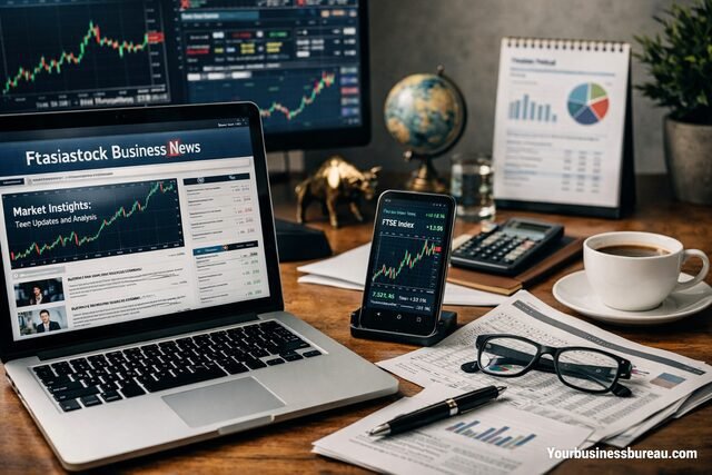 Ftasiastock business news on devices with stock charts and financial reports