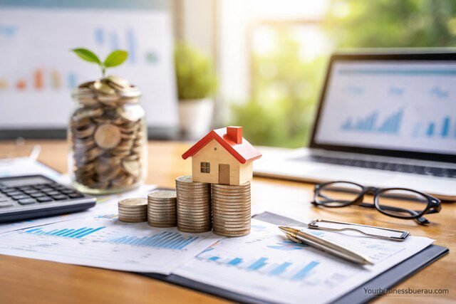 Aggr8Investing financial foundation concept with coins and house model