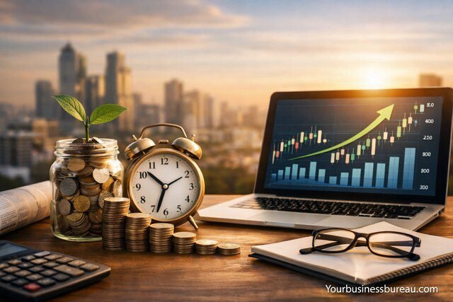Long-term wealth growth concept with coins, plant, clock, and rising investment chart