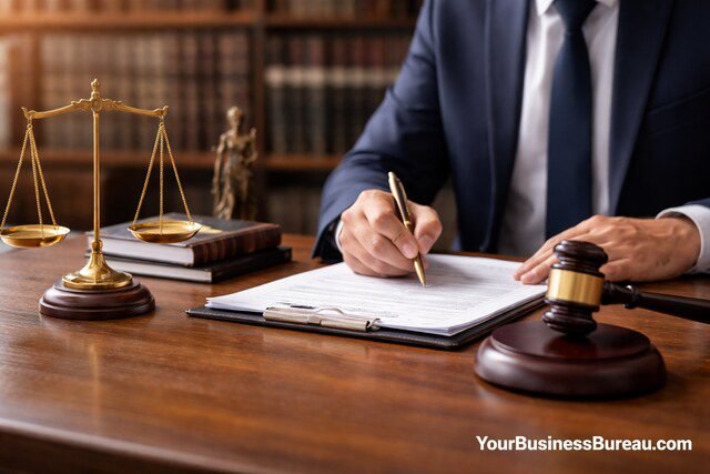 business formation attorney reviewing legal documents in office