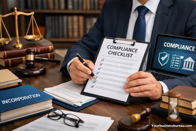 Business attorney reviewing compliance checklist in office