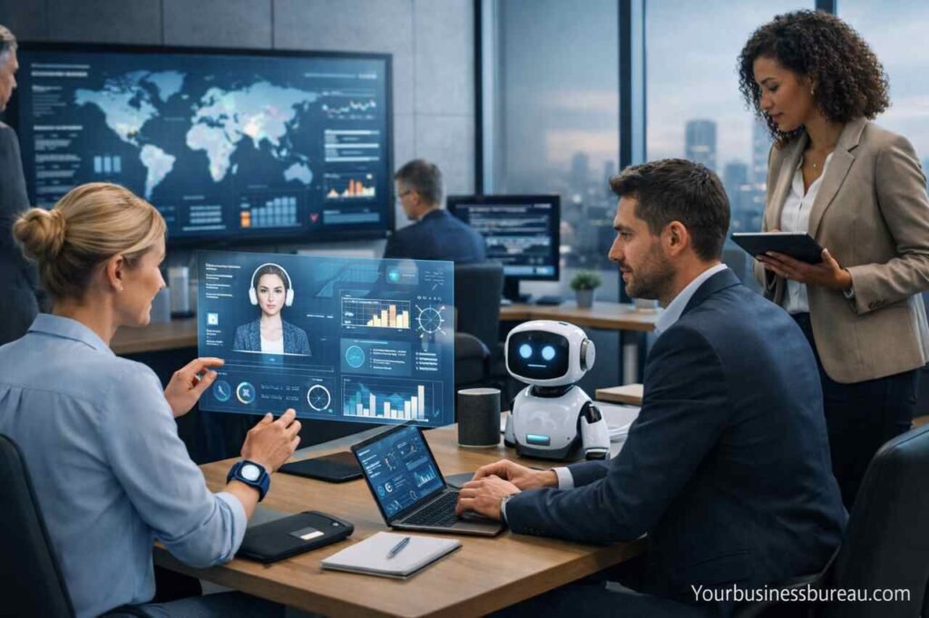 Business professionals using AI productivity tools in a modern office