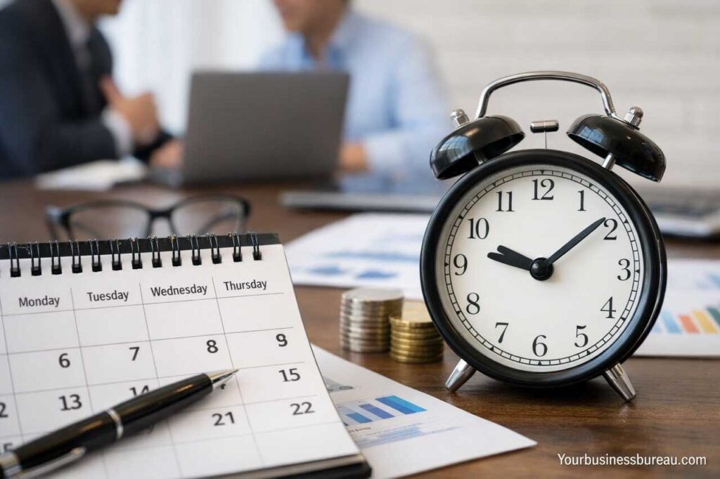 Business day concept with calendar, clock, and office workspace