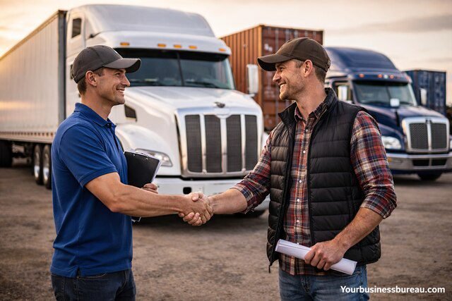 Truck drivers handshake freight partnership