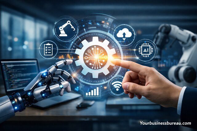 Technology and automation concept with AI and robotics