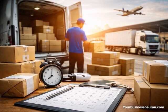 Business days impact on shipping and delivery timelines with packages and calendar