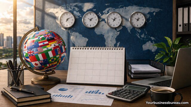 global business days concept with calendar and world time zones
