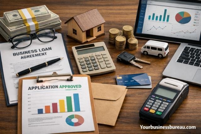 Business funding options workspace with financial tools and documents