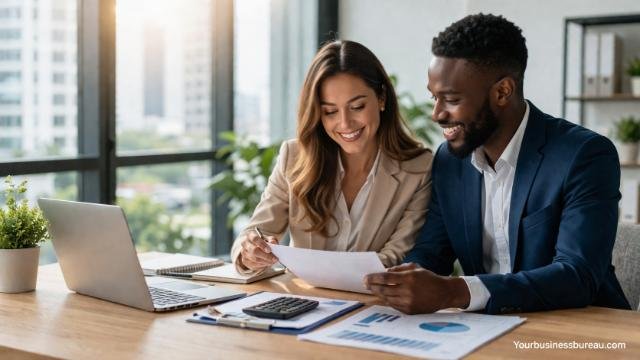 Business partners reviewing funding documents in office