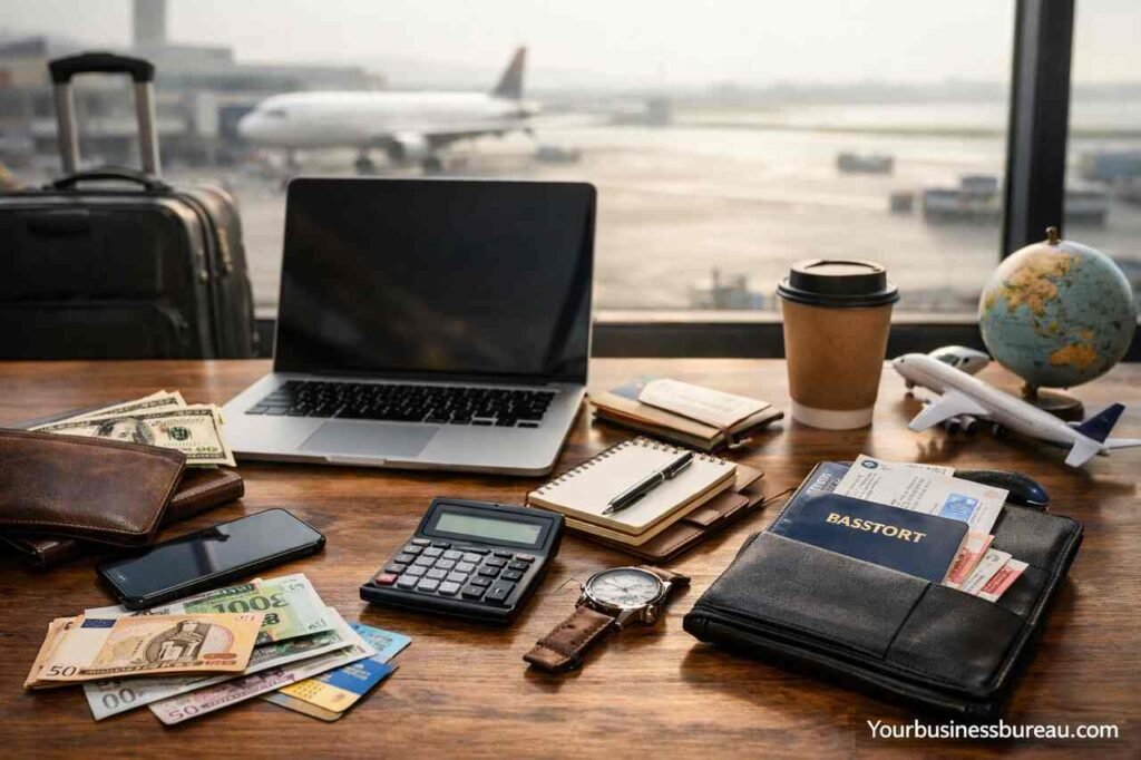 Entrepreneur travel finance setup with cash, laptop, and passport