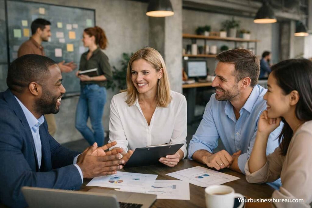 Business team collaborating on growth strategy in modern office