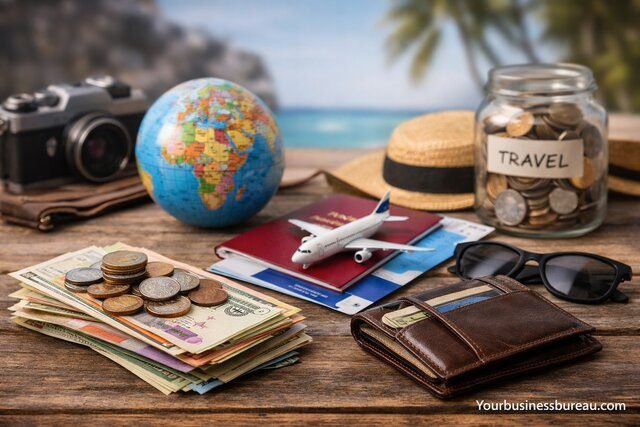 International travel expenses with passport, money, and wallet on table