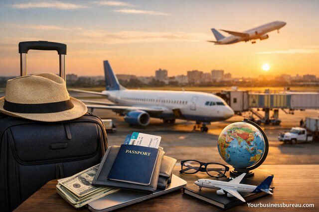 Entrepreneur travel essentials at airport with suitcase and passport