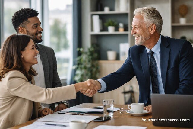 Business professionals shaking hands in a meeting to build long-term relationships