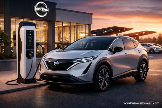 Nissan electric SUV charging at modern station during sunset