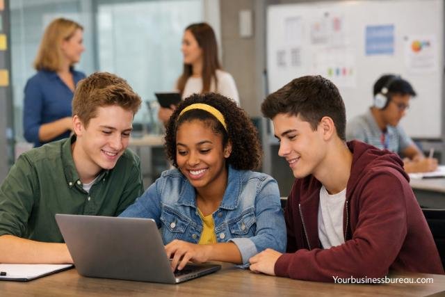High school students working together during a business internship in an office