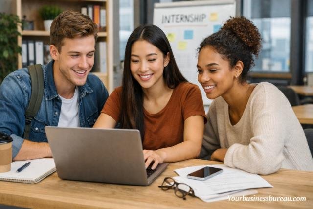 Students searching for business internships on laptop together