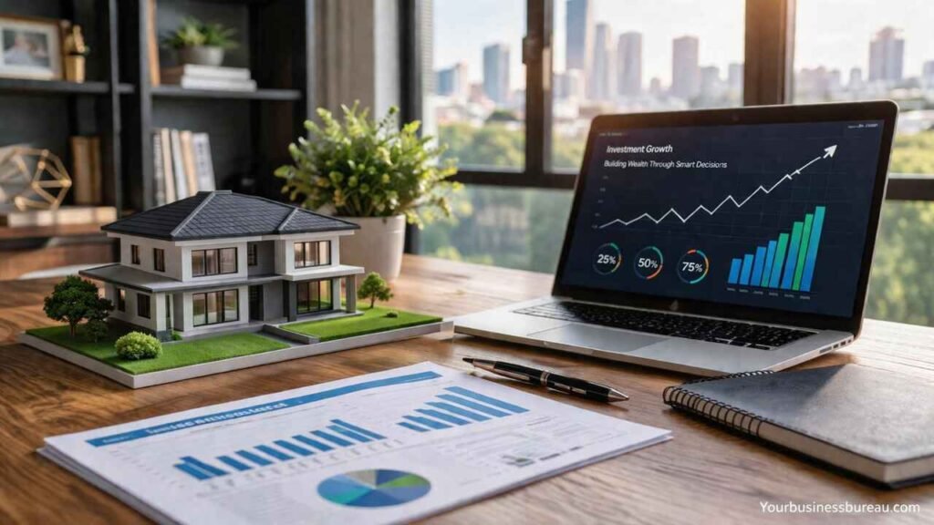 Real estate business plan with property model and financial charts
