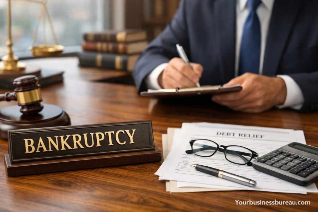 Business bankruptcy attorney reviewing financial documents for debt relief