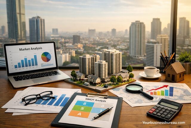 Real estate market analysis workspace with charts and property models