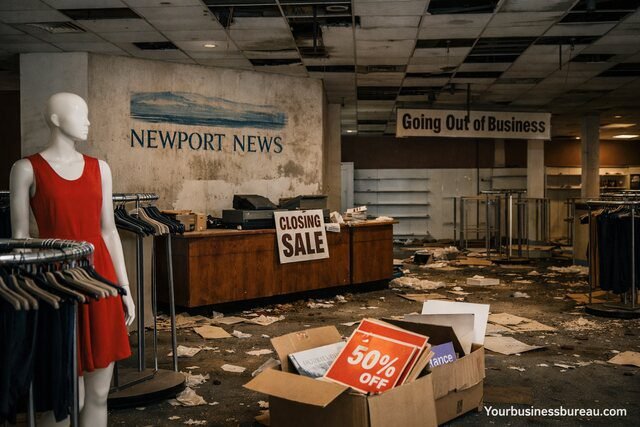 Abandoned clothing store with empty racks and clearance signs
