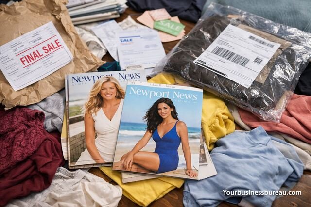 Newport News clothing catalogs and returned items with receipts