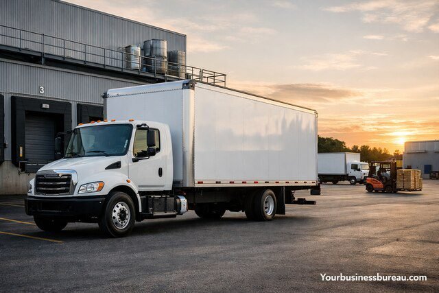 Box truck at warehouse loading dock for delivery business