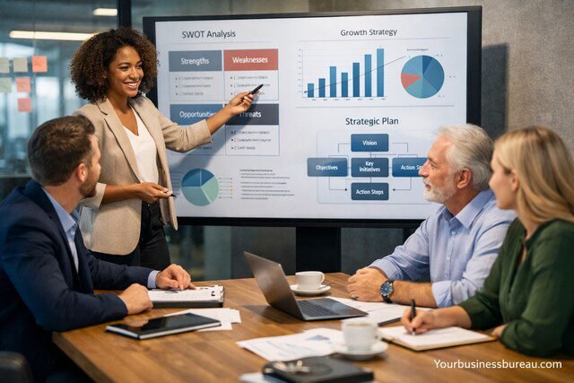 Business consultants discussing strategic planning in office