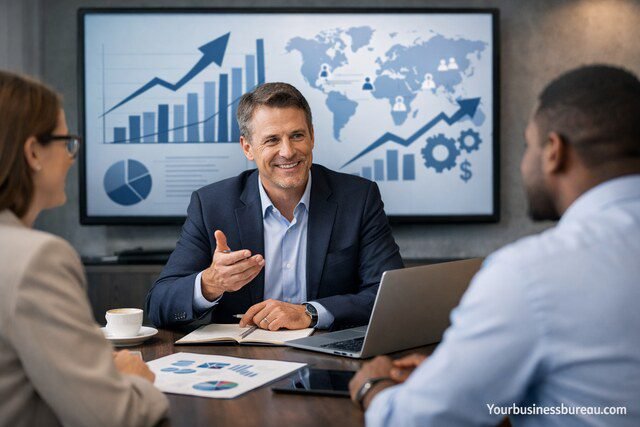 Business consultant discussing growth strategy with team