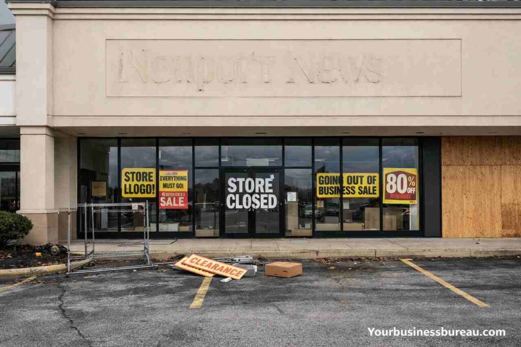 Abandoned Newport News Clothing store with closed signs and empty storefront